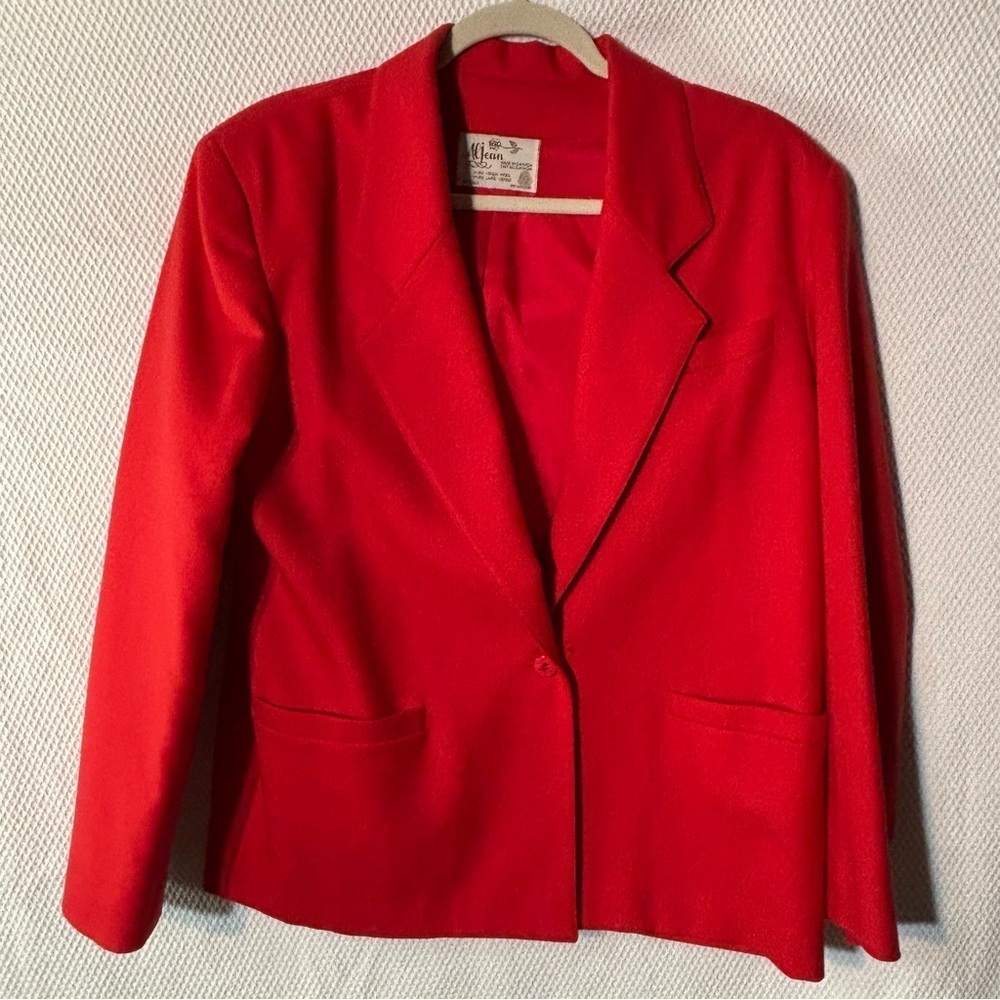 ALJEAN Sz L 100% Virgin Wool Classic Red Blazer Lined Shoulder Pads Pockets